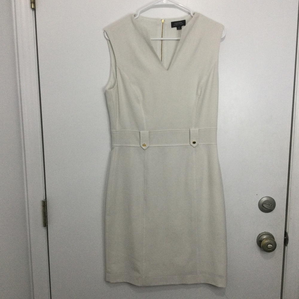 Tahari sheath dress Off white with gold accents